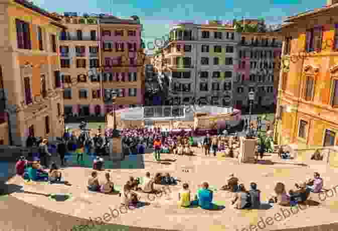 A Vibrant Depiction Of The Spanish Steps, People Gathered And Enjoying The Atmosphere On The Sunny Day. Children S Poetry: My Visit To Rome